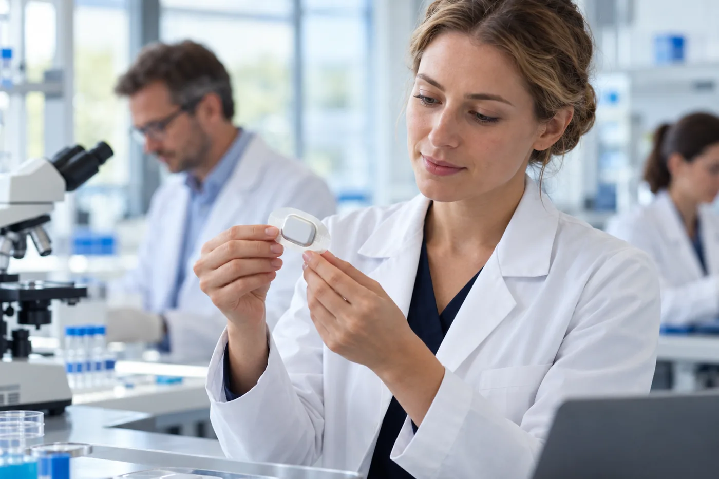 European life-science researcher evaluating a wearable healthcare device
